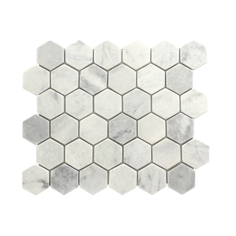 12X11.75" Bianco Carrara Tumbled Marble Hexagon Mosaic