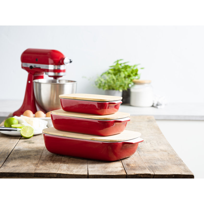KitchenAid Stoneware Rectangular Dish with Bamboo Lid, 20cm, Empire Red