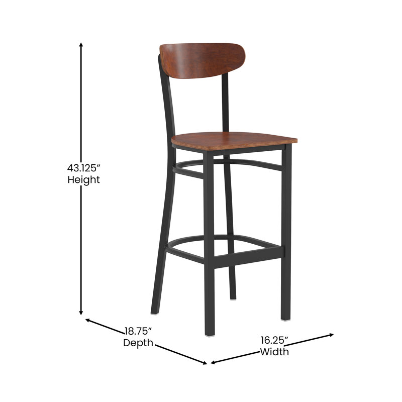 Tabouret de bar commercial en métal avec siège en bois et dossier Boomerang, Noyer