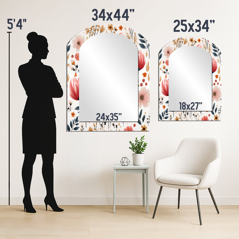 Rustic Pink Garden Charm Floral Pattern - Floral Arch Wall Mirror, Pink Asymmetrical Decorative Mirror, Printed Metal Art