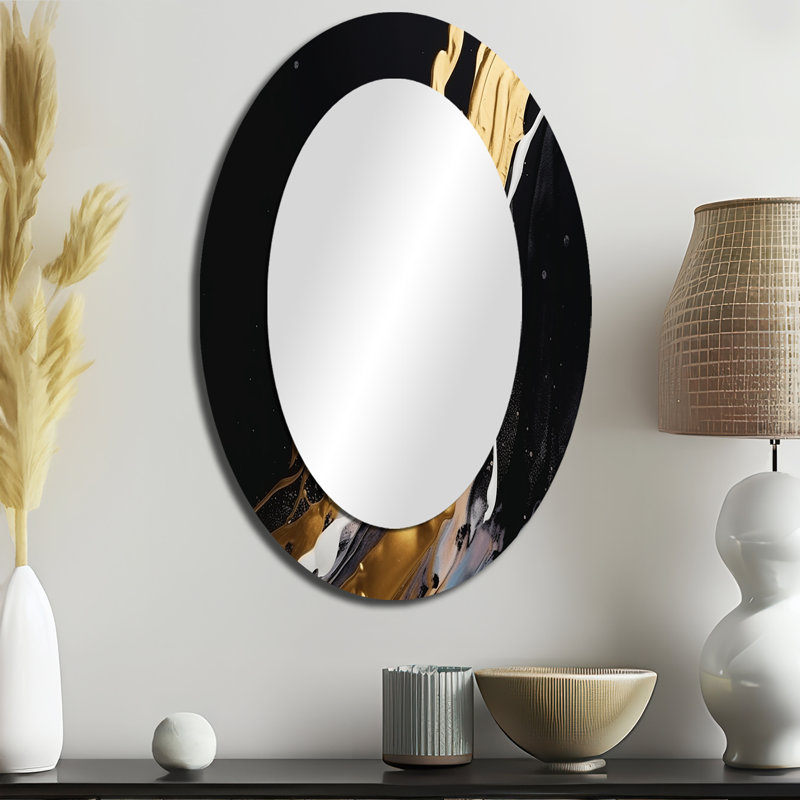 Gold And Black Marble Medley II - Gold Modern Oval Wall Mirror, 36" x 24"