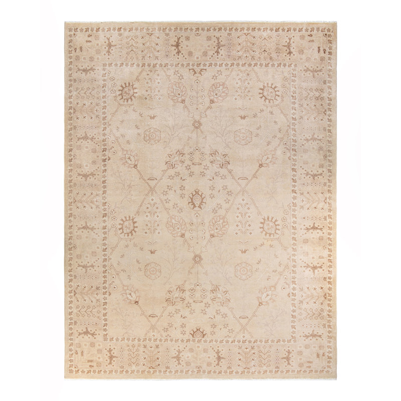 Tapis ivoire en laine noué à la main de conception unique 9 pi 1 po x 11 pi 9 po New Age