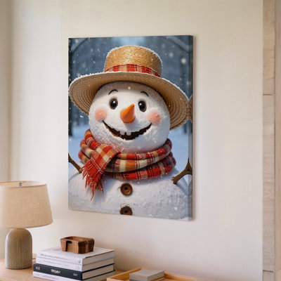 Toile «Un bonhomme de neige joyeux avec un large sourire amical se tient en évidence dans une neige tombant doucement»