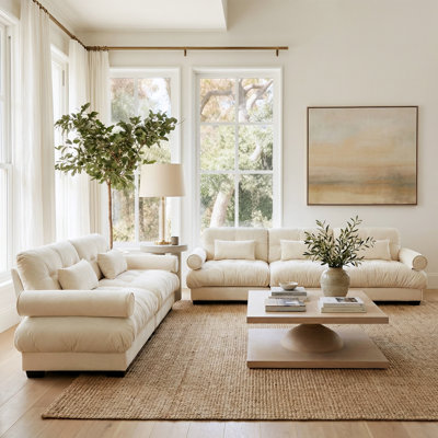 Ensemble de salon moderne en velours surdimensionné pour 5 personnes avec canapé 3 places et causeuse Robson, coussins en nuage, sièges profonds, accoudoirs à traversin, coussins décoratifs