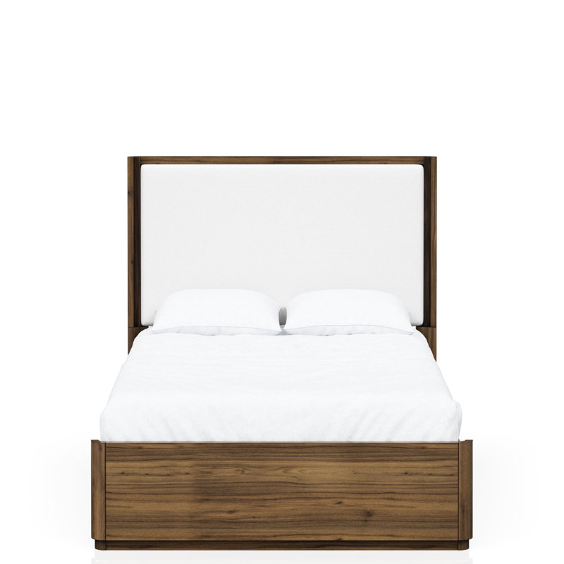 Grand lit en noyer avec tête de lit tapissier et décor
