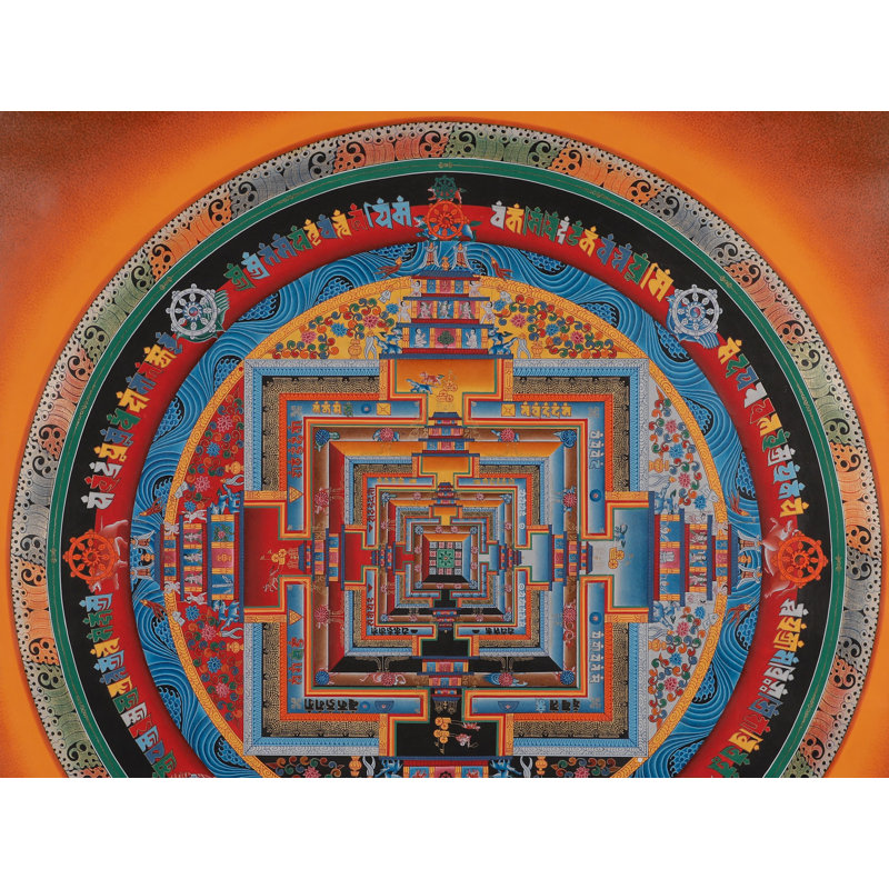 «Wheel of Time» peint à la main «Kalachakra Mandala Thangka», art mural carré 24 po avec détails en or 24 carats
