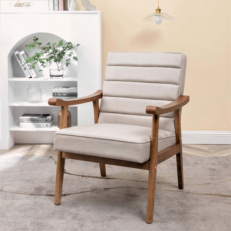 Fauteuil d'appoint de style Mid-Century moderne, fauteuil en microfibre d'aspect cuir avec structure en bois massif avec accoudoirs à structure ouverte, siège et coussin de dossier rembourrés pour le salon
