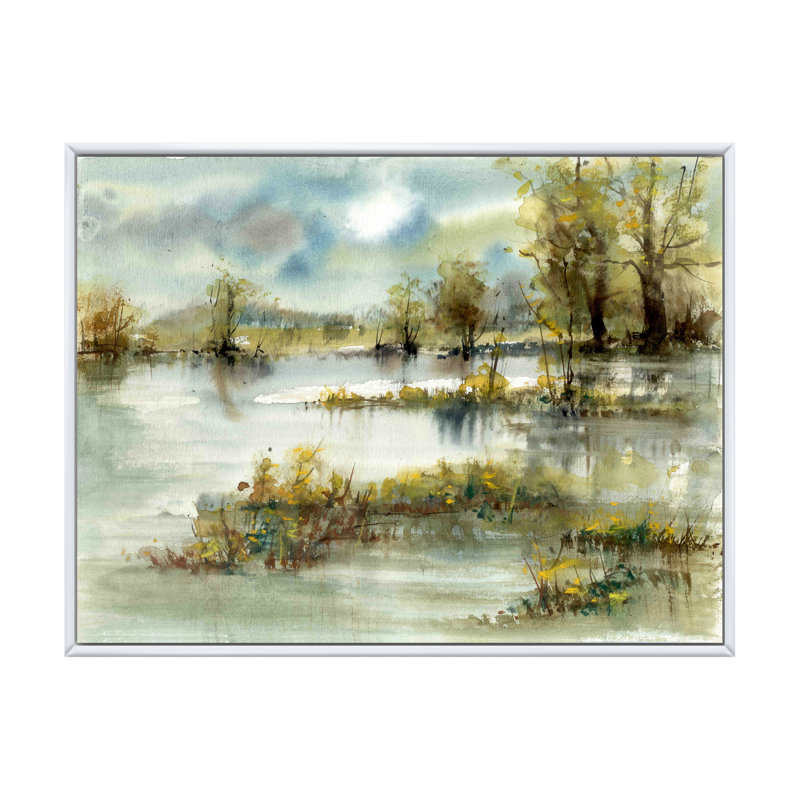 Paysage avec étang - reproduction d'art sur toile, H 8 po x l 12 po x P 1 po, Cadre flottant blanc