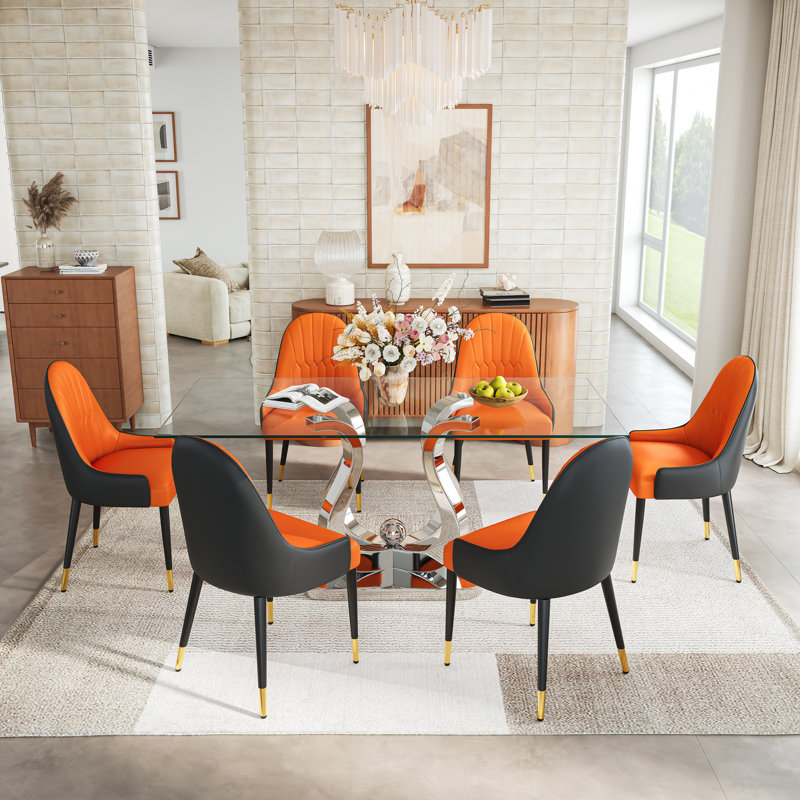 69" Rectangular Glass Dining Table Set, Tempered Glass Top, Polished Stainless Steel S-Shaped Base, Faux Leather Diamond-Back Chairs With Gold Metal Accents