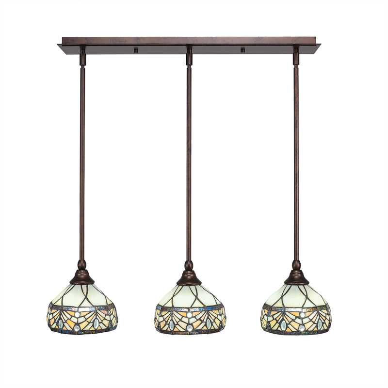 3 Light Stem Hung Linear Pendalier Shown With 7" Royal Merlot Art Glass, Bronze