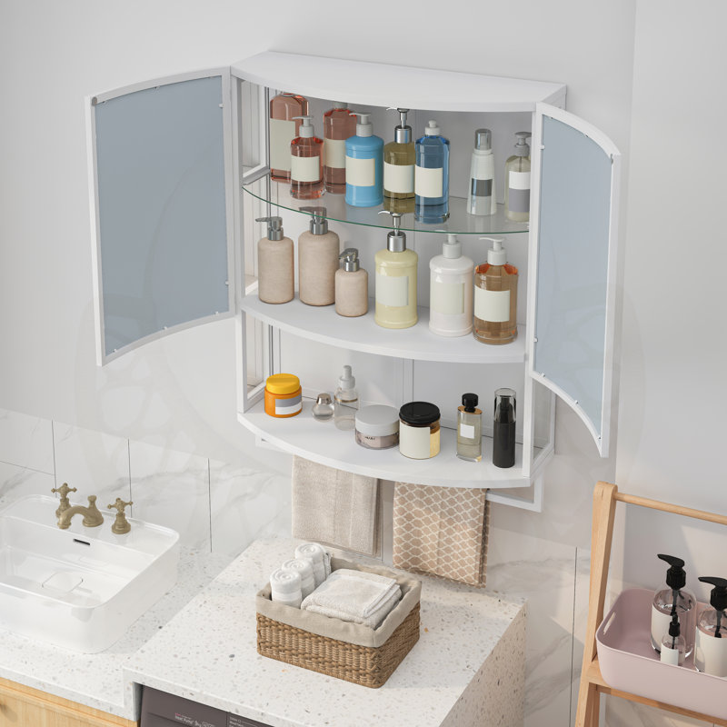 Armoire moderne en verre arquée à double porte avec miroir incassable, rangement double couche et tablette ouverte pour une utilisation polyvalente dans la maison