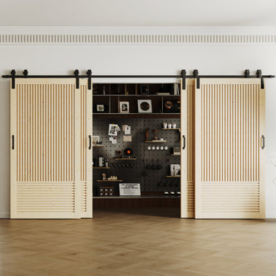 Sliding Barn Door Set - 4 Slatted Pine Wood Doors With Black Bypass Hardware Kit (Unassembled Panels)