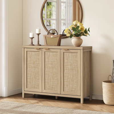 43.5''W 3-Door Rattan Sideboard Buffet Cabinet with Adjustable Shelves, Modern Boho Farmhouse Storage Cabinet Credenza for Kitchen Dining Room Entryway Living Room