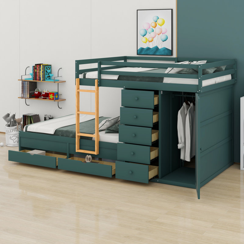 Bunk Bed With 2 Large Drawers 5 Small Drawers And Built-In Small Wardrobe, Morandi Green