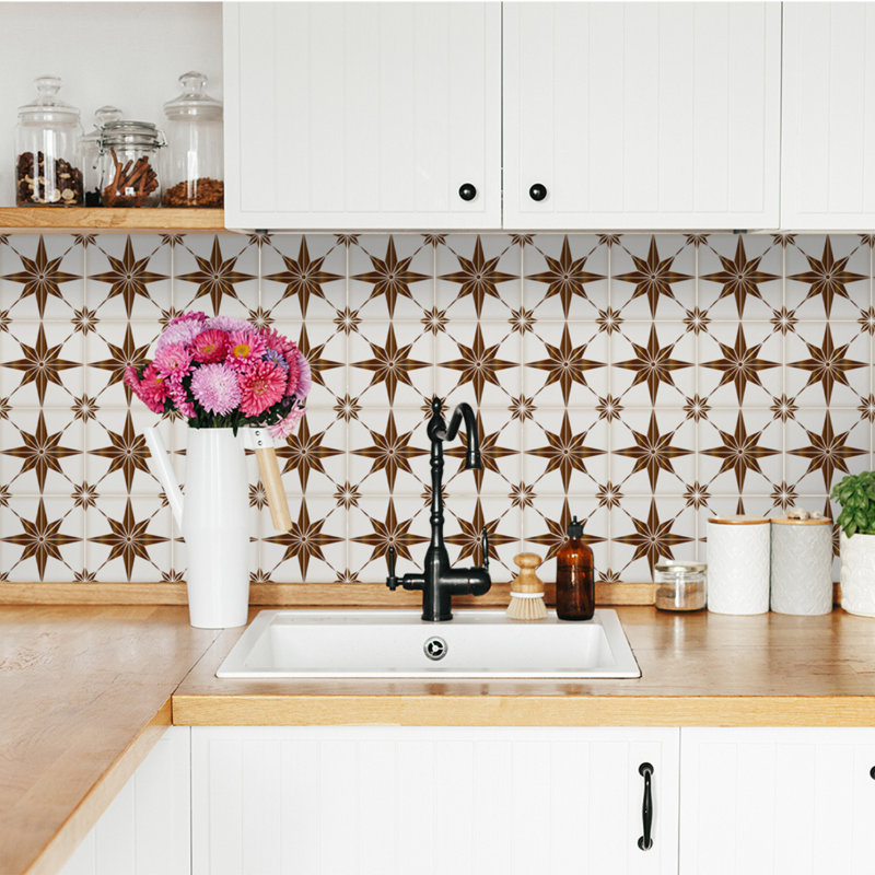 Brown and White Star Shaped Vinyl Peel and Stick Tile Set