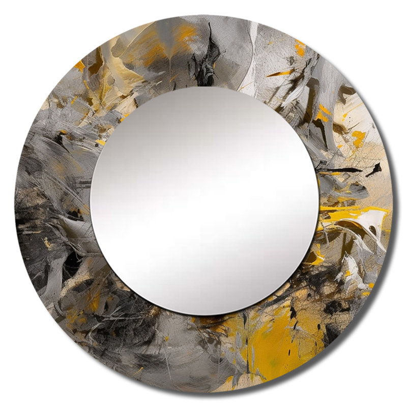 Saori Mustard Yellow And Vivid Gray III - Abstract Decorative Mirror, Yellow Round Wall Mirror, Printed Metal Art, 29" x 29"