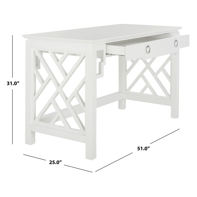 White Wood Writing Desk with Drawer and Lattice Design