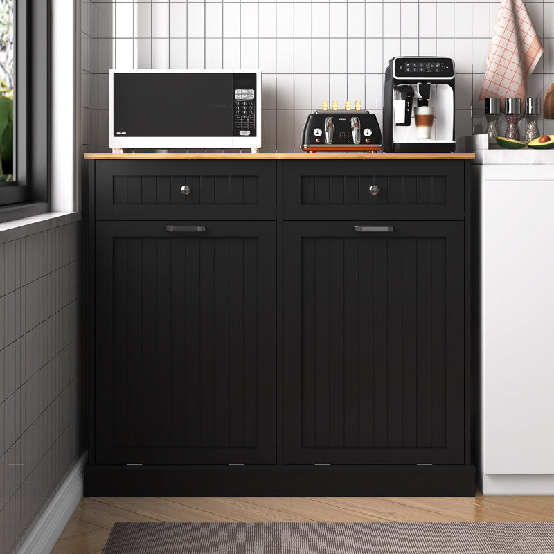 Trash Cabinet Tilt Out Freestanding, Pet Proof Kitchen Trash Cabinet Laundry Hamper with Cutting Board, Wood Garbage Recycling Station Hideaway Trash Holder Drawers