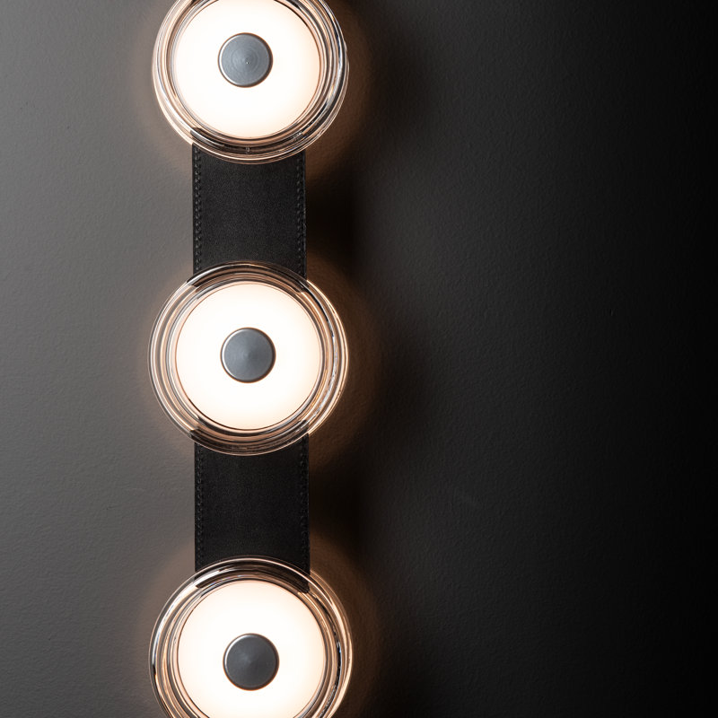 SNAPS 3-Light Wall Sconce, Clear, Black Leather, Sterling