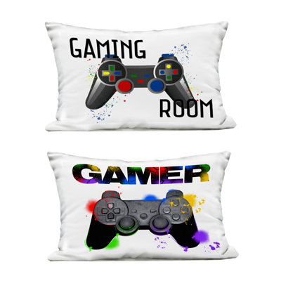 Modern Gamer Graffiti Phrases Design by Kim Allen Outdoor Printed Pillow (Set of 2)