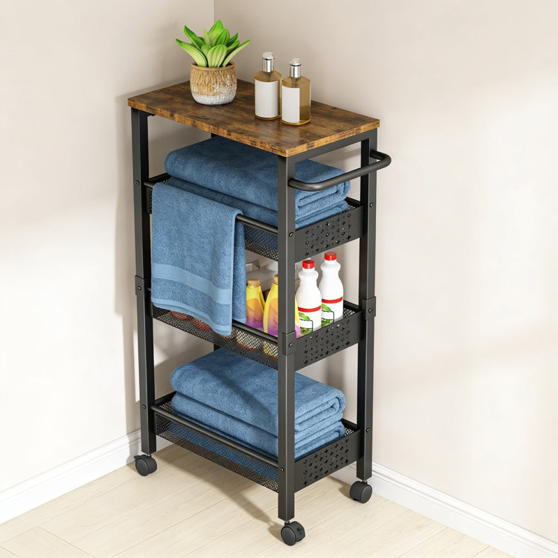 Chariot de rangement mince et roulant avec 4 tablettes à niveaux, organisateur étroit avec plateau en bois et roulettes pour la cuisine, la salle de bain, la salle de lavage et les petits espaces