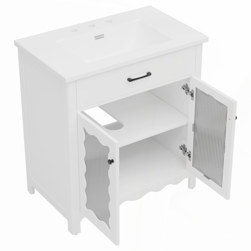 Meuble-lavabo de 31 po en verre trempé avec lavabo en céramique blanche, rangement spacieux et entretien facile, Blanc, Noir