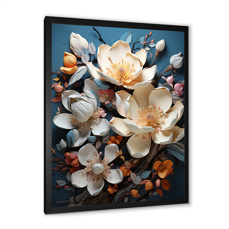 Magnolia beige et rose I sur toile, Cadre simple noir, H 40 po x l 30 po x P 1,5 po