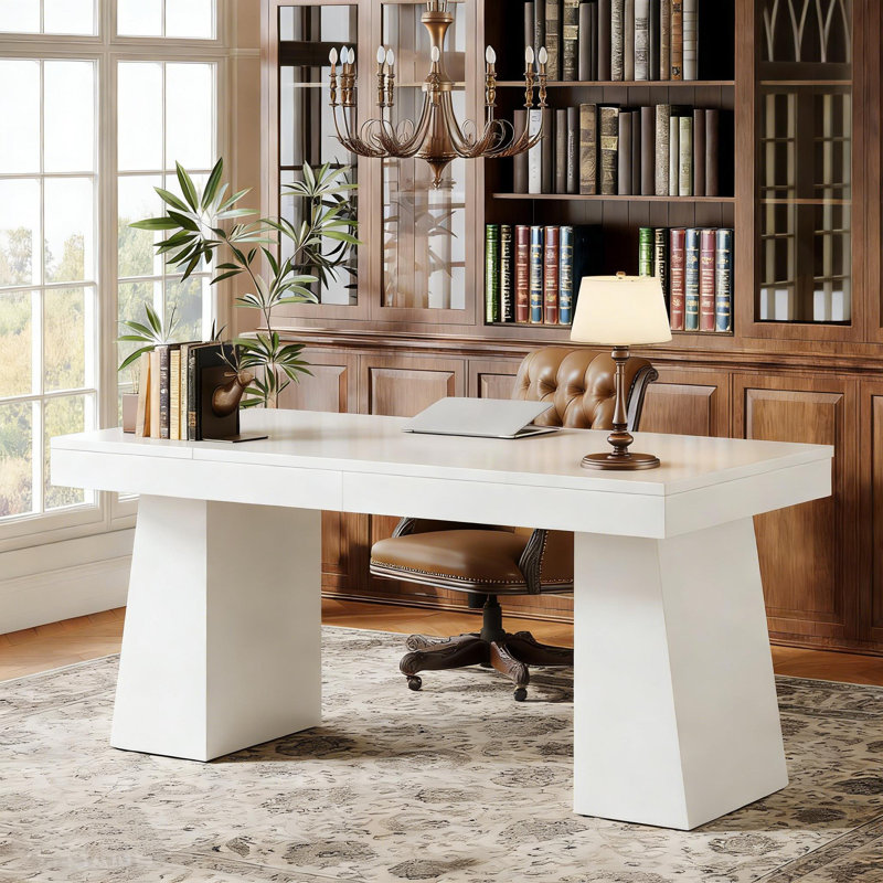 Bureau 55 po avec double caisson, bureau de direction simple, Blanc