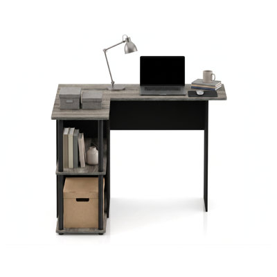 Abbott L-Shape Desk with Bookshelf French Oak/Black Home Office Computer Desk Writing Table Workstation
