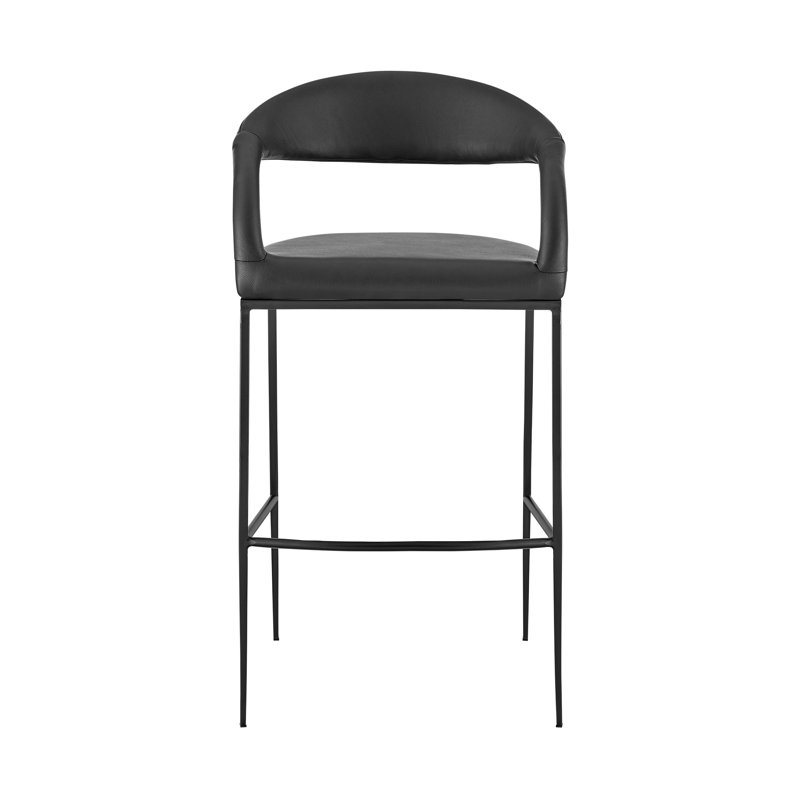 Gassville Modern Counter or Bar Height Barstool with Arms and Open Low Back in Iron Frame and Faux Leather, Black