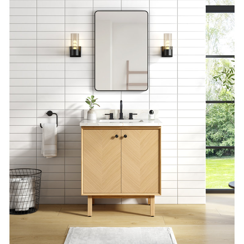 Adele 30'' Free Standing Single Bathroom Vanity with Quartz Top, Natural, Black