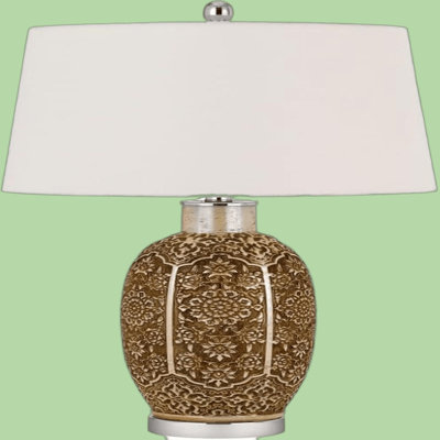Ceramic Floral Table Lamp With Cinnamon Finish And Drum Shade 28.5" H by