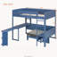 Lit mezzanine double en bois avec bureau, tablette de rangement de chevet, canapé et lumière, bleu marine-129680970