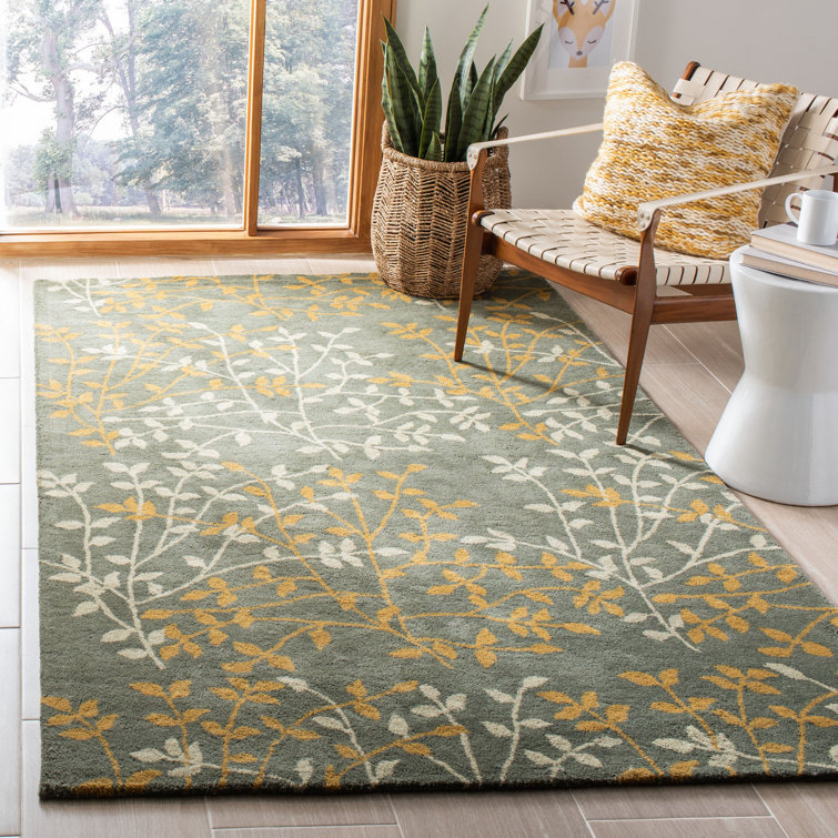 Tapis vert floral en laine touffeté à la main