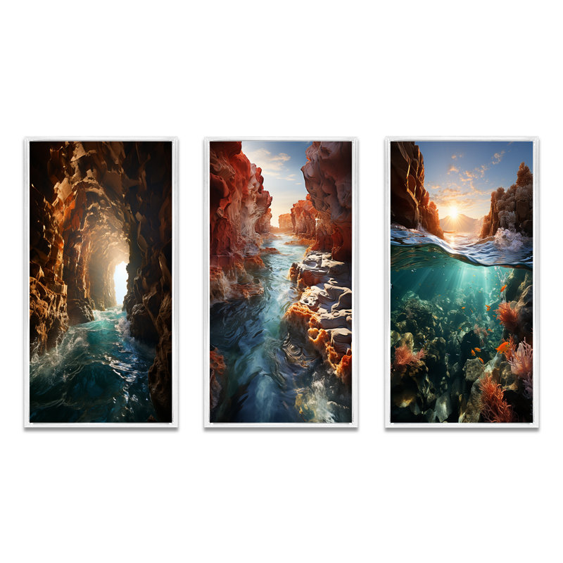 «Waves In Cave Heading Vers The Sun», 3 pièces sur toile, H 20 po x l 36 po, Cadre flottant blanc