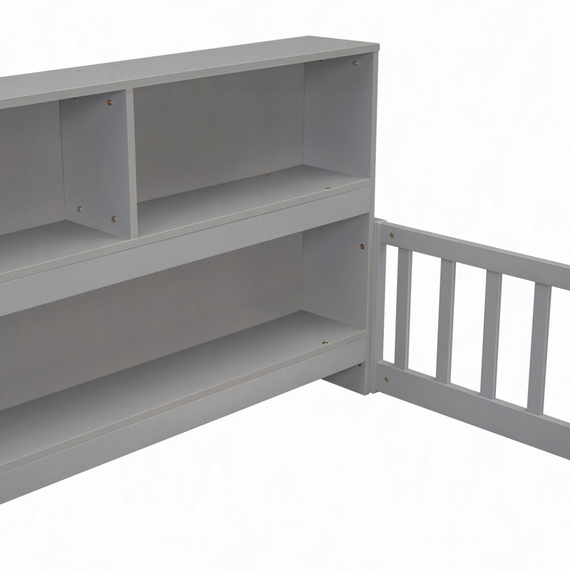 Floor Bed With Side Bookcase,Shelves,Guardrails, Gray, Full