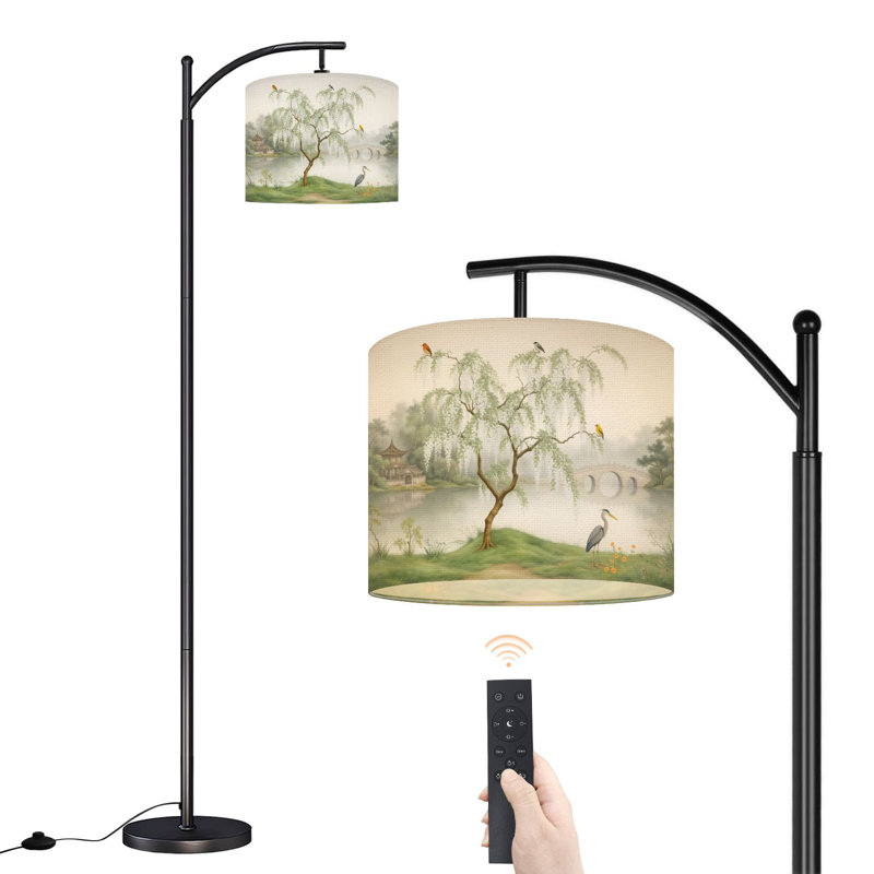 Lampe sur pied à arc avec abat-jour réglable Blossoming Tree Birds Crane par Serene Lakeside Pavilion Lampe traditionnelle sur pied 3 températures d'intensité de la lumière