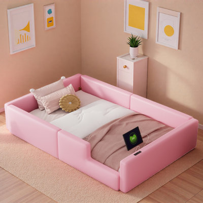 Upholstered Platform Bed With Guardrail And Charging Station