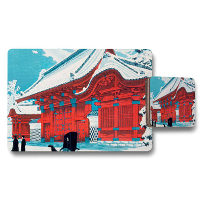 Japanese Temple Red Gate Placemat And Coaster Set Winter Scene