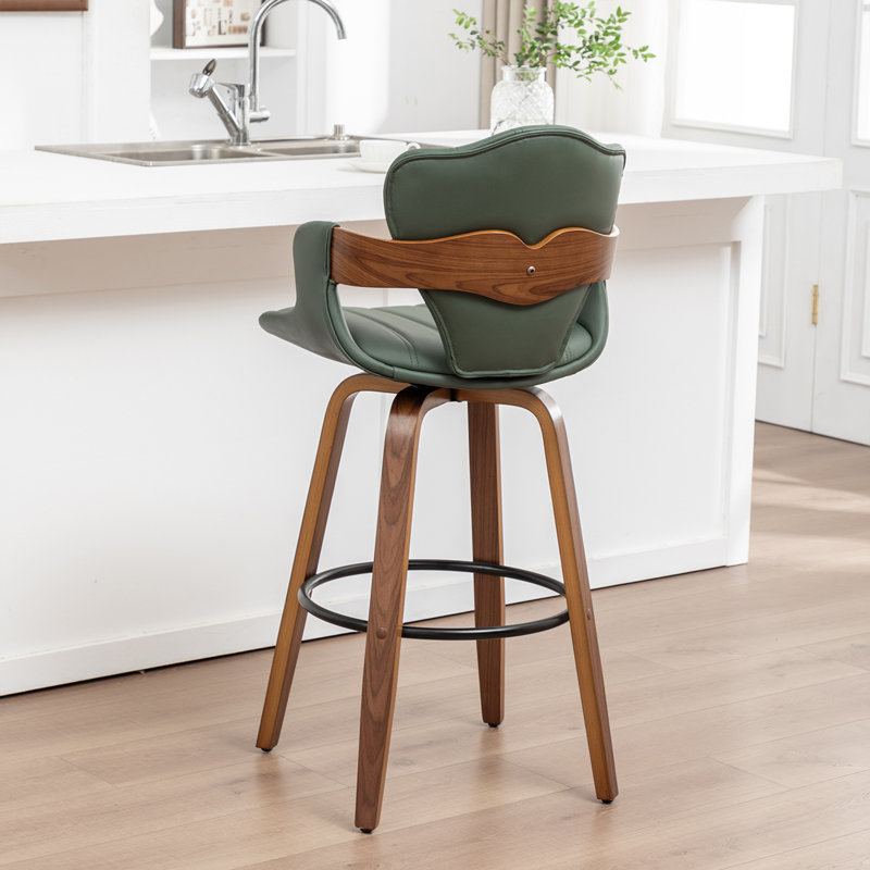 Mid-Century Modern Bar Stool, 360-Swivel Seat With PU Upholstery And Metal Foot Ring, Green, Counter Stool (25" Seat Height)