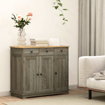 Rangement de comptoir en bois massif - gris, 3 tiroirs, portes, tablette réglable pour répondre à vos besoins quotidiens en matière de cuisine avec assiettes, casseroles, poêles, ustensiles, serviettes de table