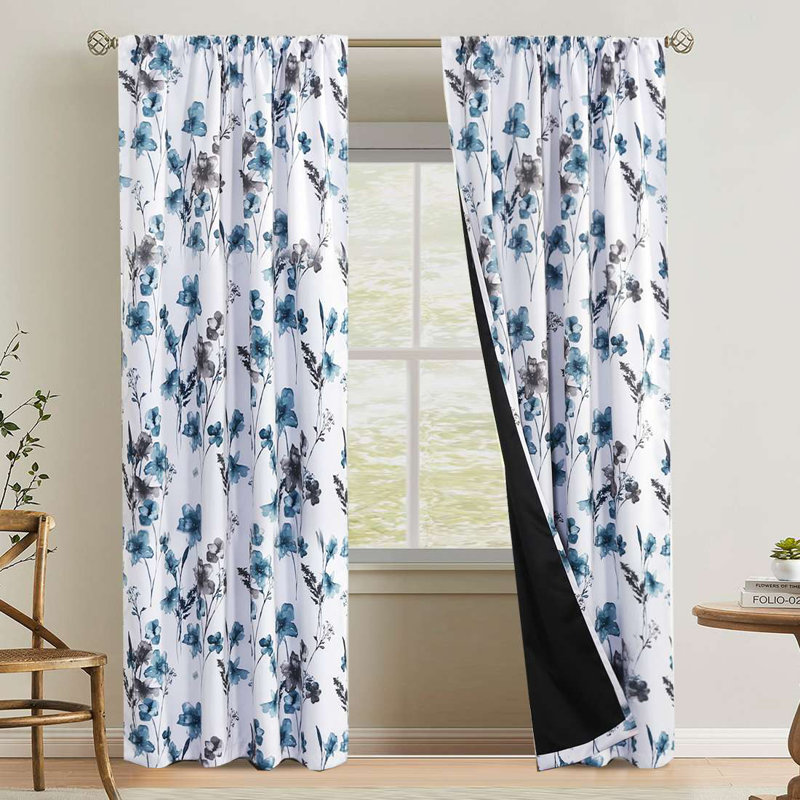 100% Blackout Curtains for Bedroom Cattleya Floral Printed Drapes Leah Floral Pattern Full Light Blocking Drapes with Black Liner Rod Pocket 2 Panels
