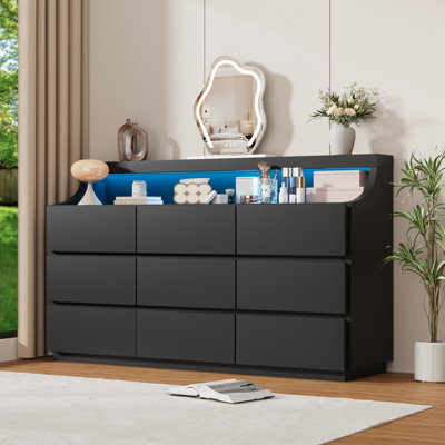 Commode 59 po en bois moderne à 9 tiroirs avec lumières DEL et grands tiroirs de rangement, commode anti-basculement pour chambre à coucher et salon, 59 po, noir