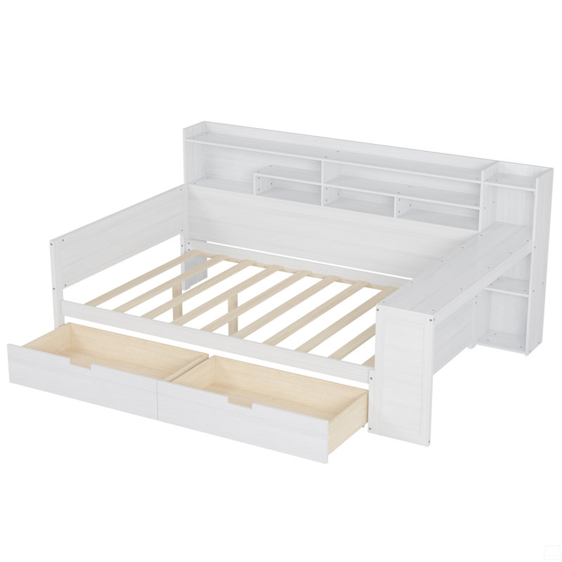 Lit de jour double en bois avec tablettes de rangement, deux tiroirs de rangement et bureau d'étude