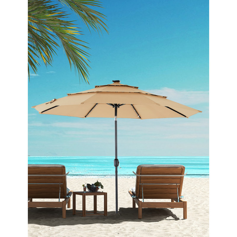Parasol solaire de patio à 3 niveaux 10 pi avec 32 lumières DEL, parasol d'extérieur avec bouton poussoir inclinable et manivelle