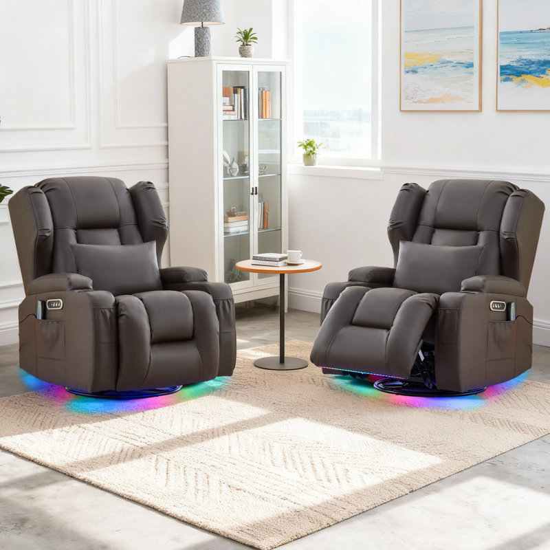 Fauteuil inclinable, berçant et pivotant à deux moteurs avec massage et chaleur, cuir d'unité centrale brun, 2 fauteuils