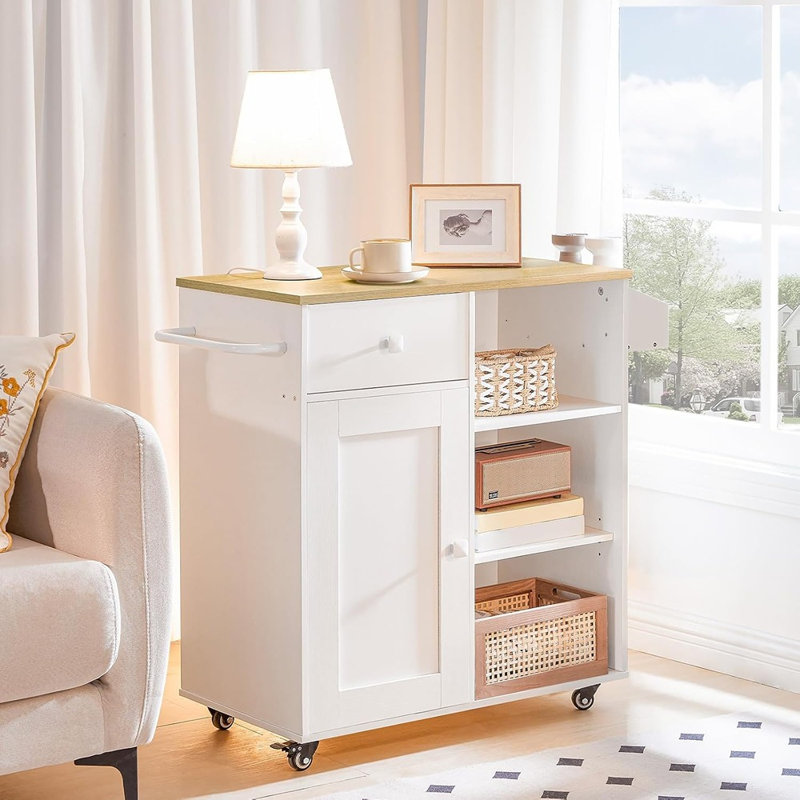 Kitchen Storage Cabinet With Drawer, Kitchen Cart With Spice And Towel Rack, Space-Saving Mobile Island For Living Room, White And Natural