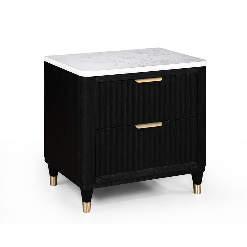 Table de chevet de chambre à coucher contemporaine avec poignées de tiroir en métal en noir et blanc à 2 plateaux modernes
