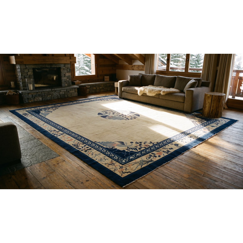 Tapis ivoire beige crème blanc en laine noué à la main 1890