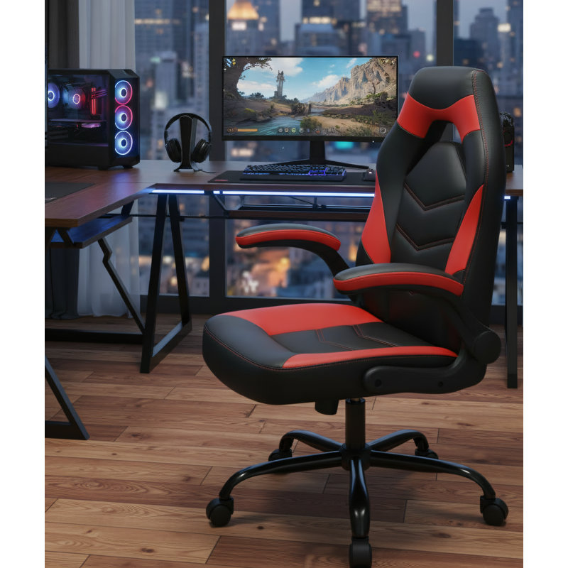 Red, PU Leather Gaming Chair, Ergonomic Office Computer Chair With Lumbar Support, Height Adjustable, Casters, And Flip-Up Armrests.